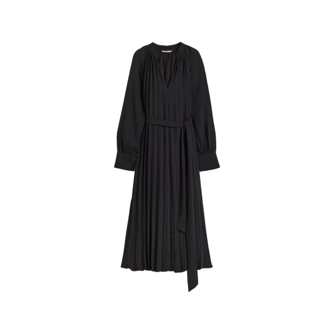H&M BLACK PLEATED TIE BELT DRESS - Lydia Elise Millen